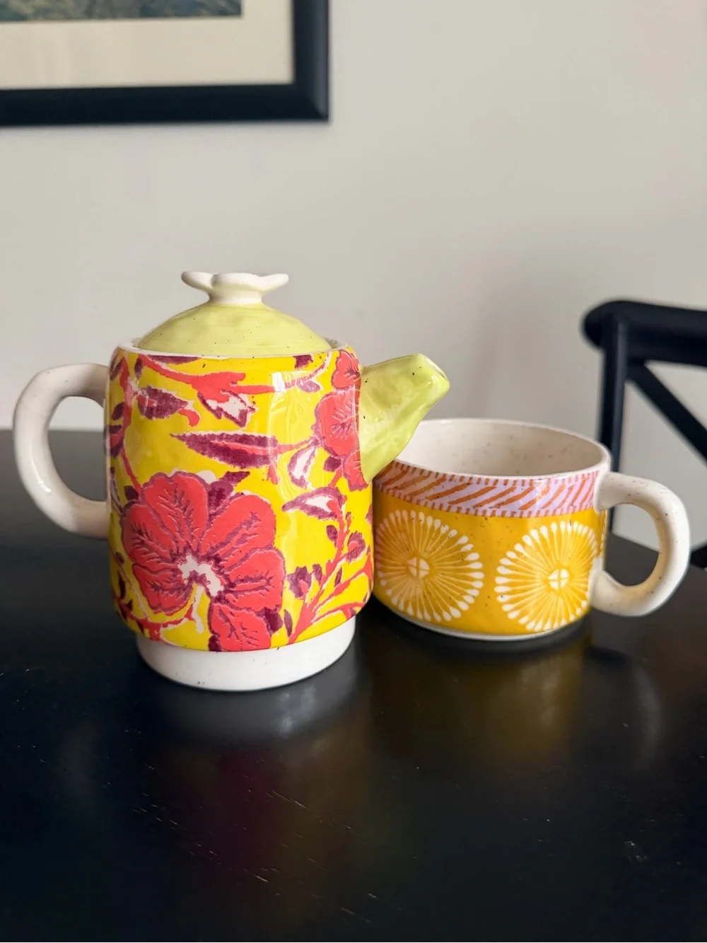 Anthropologie Floral Ceramic Teapot with Nesting Mug
